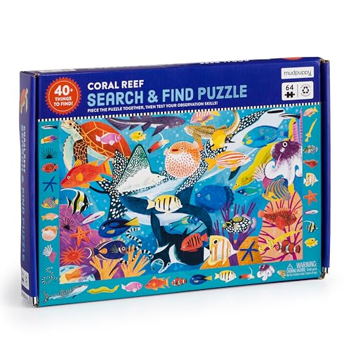 Coral Reef search & find puzzle box with colorful marine life illustration.