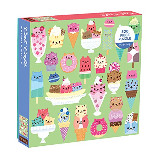 A 500-piece puzzle box featuring cute cat-themed desserts on a light green background.