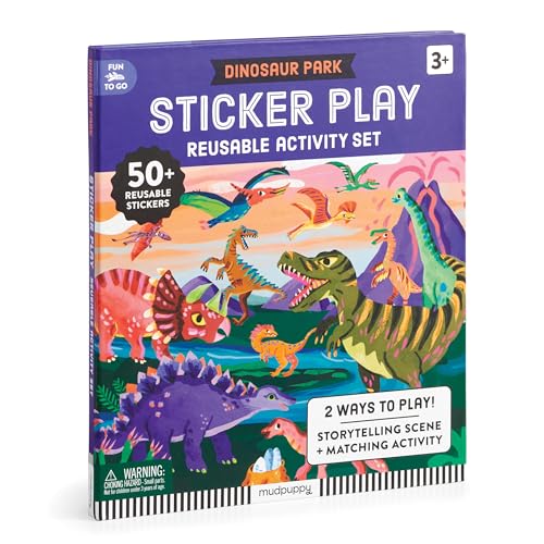 Dinosaur Park reusable sticker activity set featuring colorful illustrated dinosaurs in a prehistoric landscape.