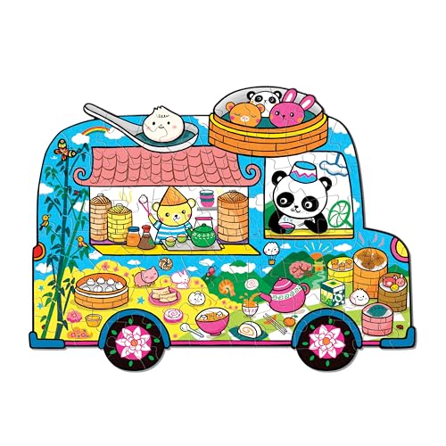 Colorful puzzle depicting a blue dumpling truck with animal characters.