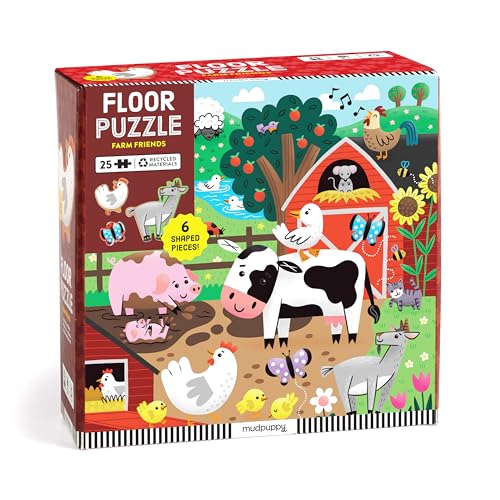 Farm animal floor puzzle box with 25 shaped pieces for ages six plus.