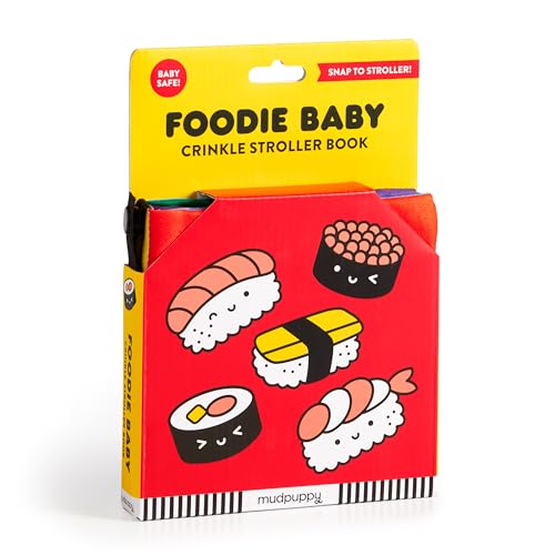 Red stroller book with cartoon sushi illustrations, hanging loop visible.