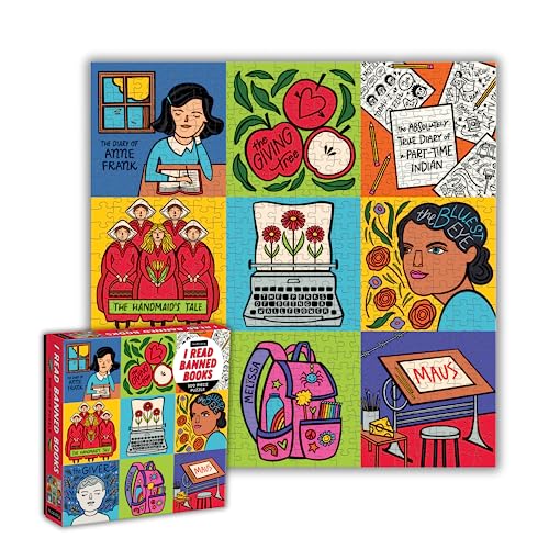 Jigsaw puzzle depicting book covers and imagery related to banned books.