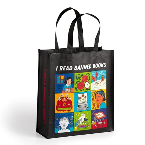 Reusable shopping bag with I Read Banned Books text and possibly literary-themed design elements.