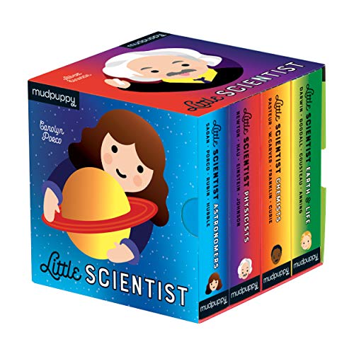 A boxed set of four Little Scientist board books with cartoon illustrations of famous scientists.