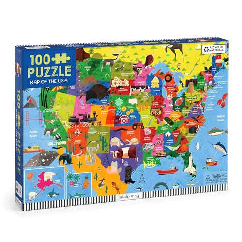 Colorful illustrated map of the USA, 100-piece puzzle in box.