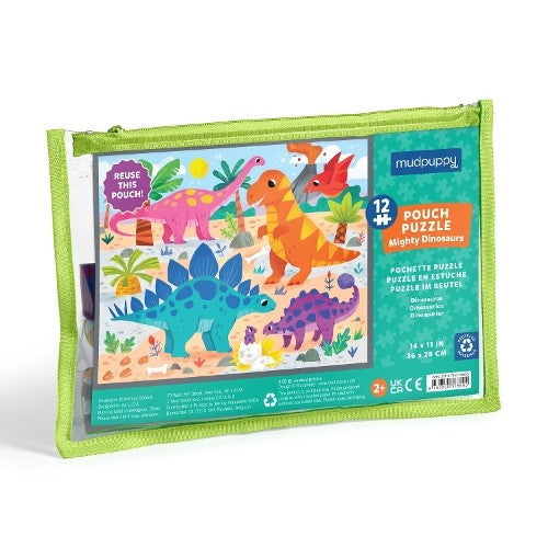 Bright green pouch containing a 12-piece dinosaur puzzle illustration.