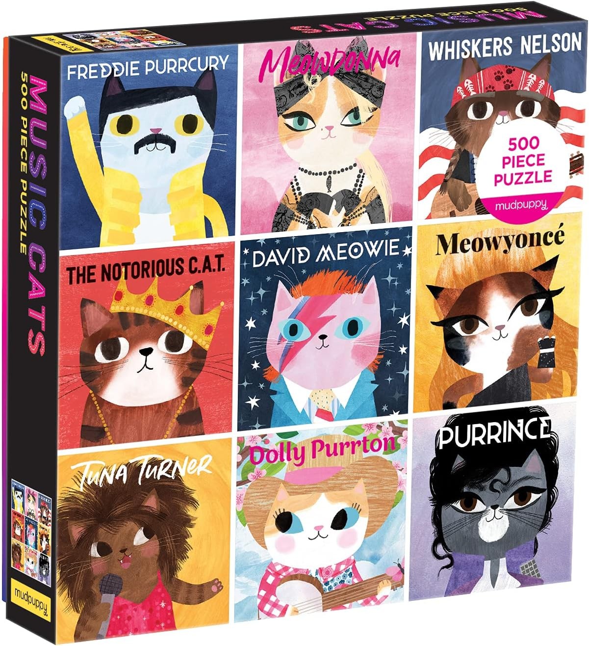 A 500-piece puzzle box featuring nine illustrations of cats dressed as famous musical icons.