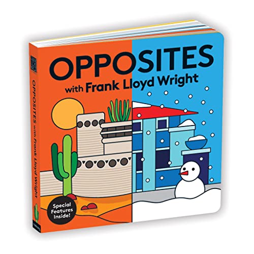Board book cover featuring colorful illustrations and “Opposites with Frank Lloyd Wright” title.