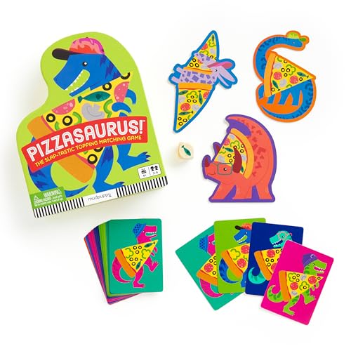 Dinosaur-themed card game with colorful pizza topping matching pieces and a shaped box.