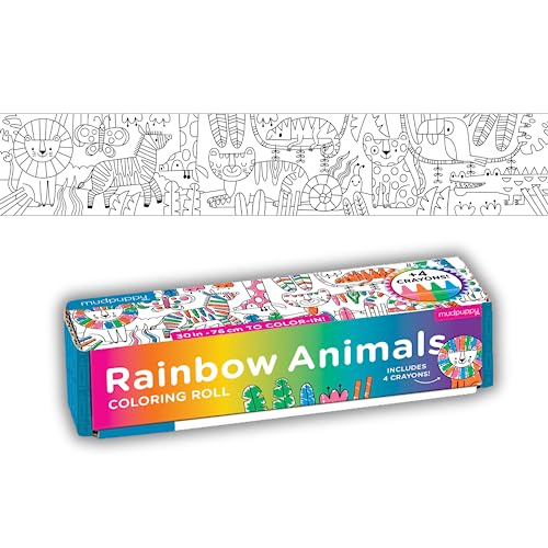 Coloring roll with black and white animal line art and rainbow accents.