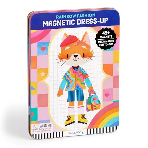 Colorful magnetic dress-up figures with interchangeable fashion items and accessories for children.