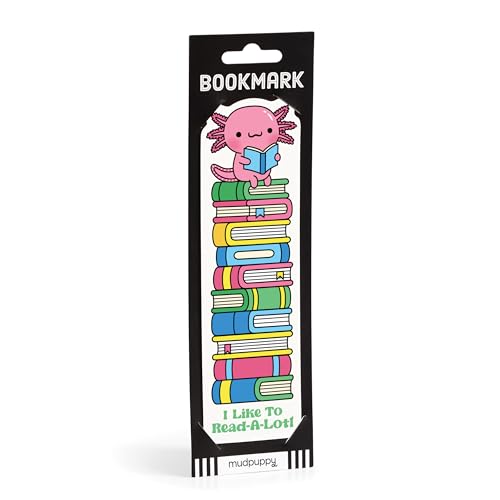 Black bookmark with a pink axolotl reading on a stack of colorful books.