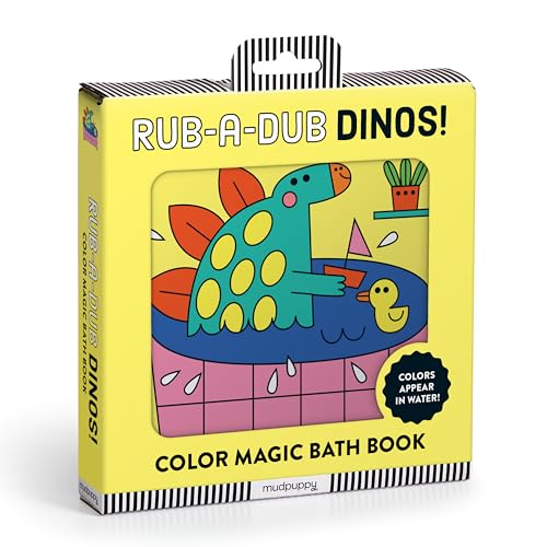 Yellow bath book cover with colorful dinosaurs and “colors appear in water!” text.