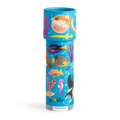 Blue kaleidoscope tube decorated with colorful illustrations of sea creatures.