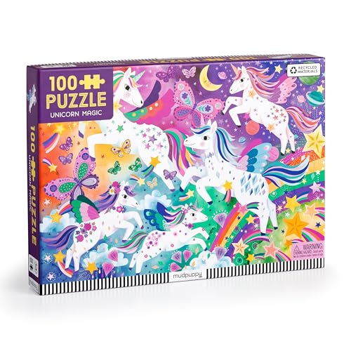 Box for a 100-piece puzzle featuring colorful unicorns, butterflies, and rainbows on a background.