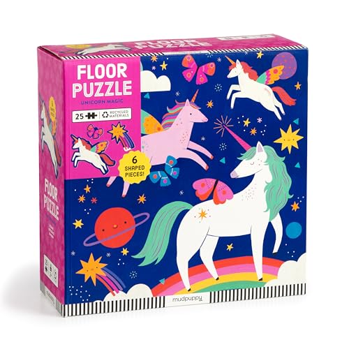 Box for 25-piece unicorn-themed floor puzzle with shaped pieces.