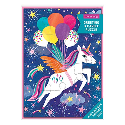 Unicorn puzzle card with colorful balloons and starry night background.