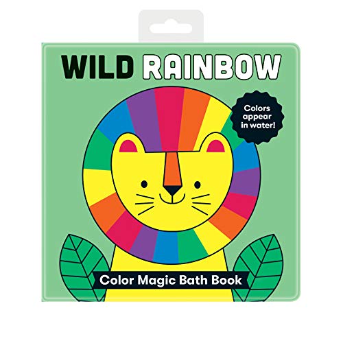 Yellow lion with rainbow mane, a colorful bath book for children.