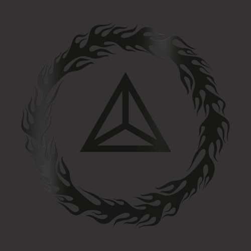 Dark album cover with a central triangle inside a fiery wreath.