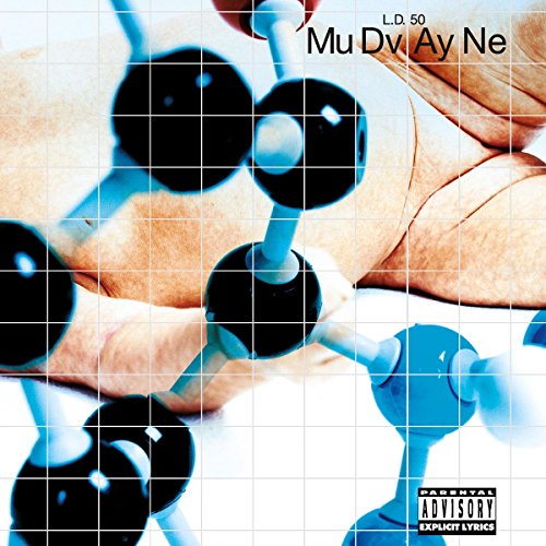 The image depicts a vinyl record cover with a grid pattern and molecular structures. Alt text: Vinyl record cover with molecular model and grid pattern.
