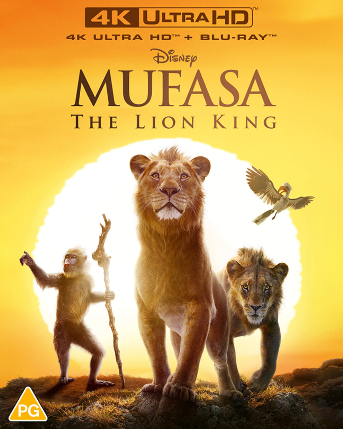 Mufasa, a lion, with a baboon and young lion cub in front of a sun.