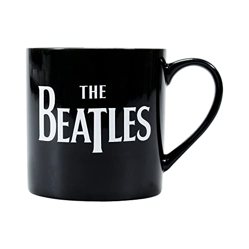 Black ceramic mug with white "The Beatles" logo and handle.