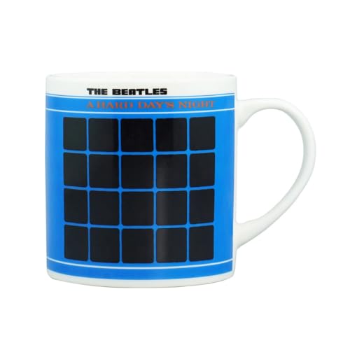 White ceramic mug with blue and black grid, "The Beatles" text.