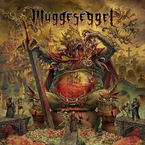 A monstrous, multi-headed king holds a sword before a medieval city and graveyard.