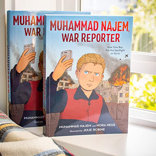 Book cover featuring a young boy with a phone, illustrated against a war-torn backdrop.
