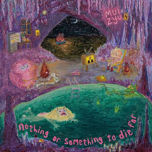 Surreal painting of a purple cave featuring a green pool, monsters, and domestic objects.