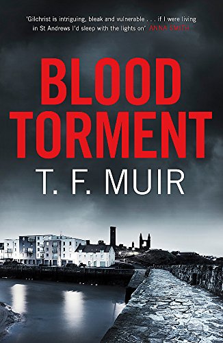 Book cover: "Blood Torment" with a coastal town under stormy skies.