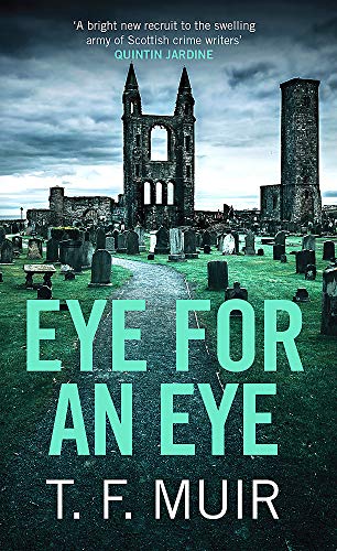 Book cover: ruined castle, graveyard, and large green title “Eye for an Eye”.