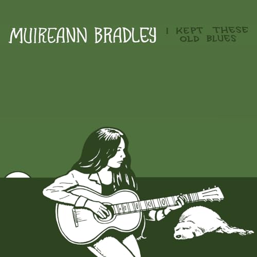 Line-art illustration of a woman playing guitar with a dog.