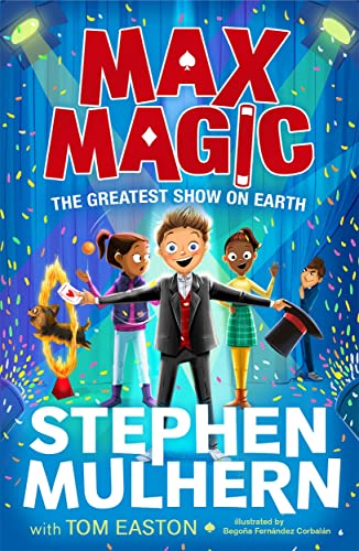 Book cover: children with magician, performing animals, colorful confetti background.