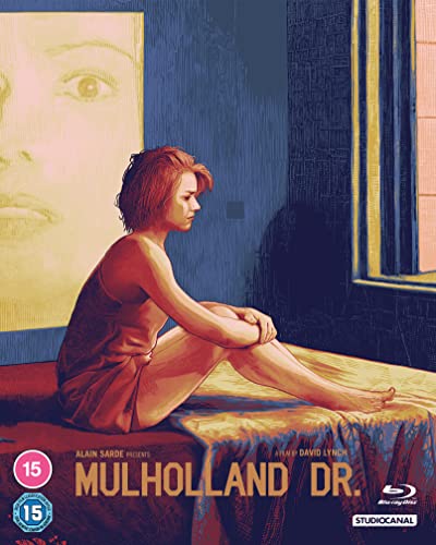 Blu-ray cover for "Mulholland Dr." featuring a woman and painted eye.