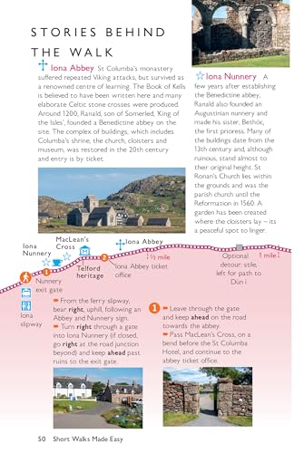 Book page displaying photos of Iona Abbey ruins and walking route map.