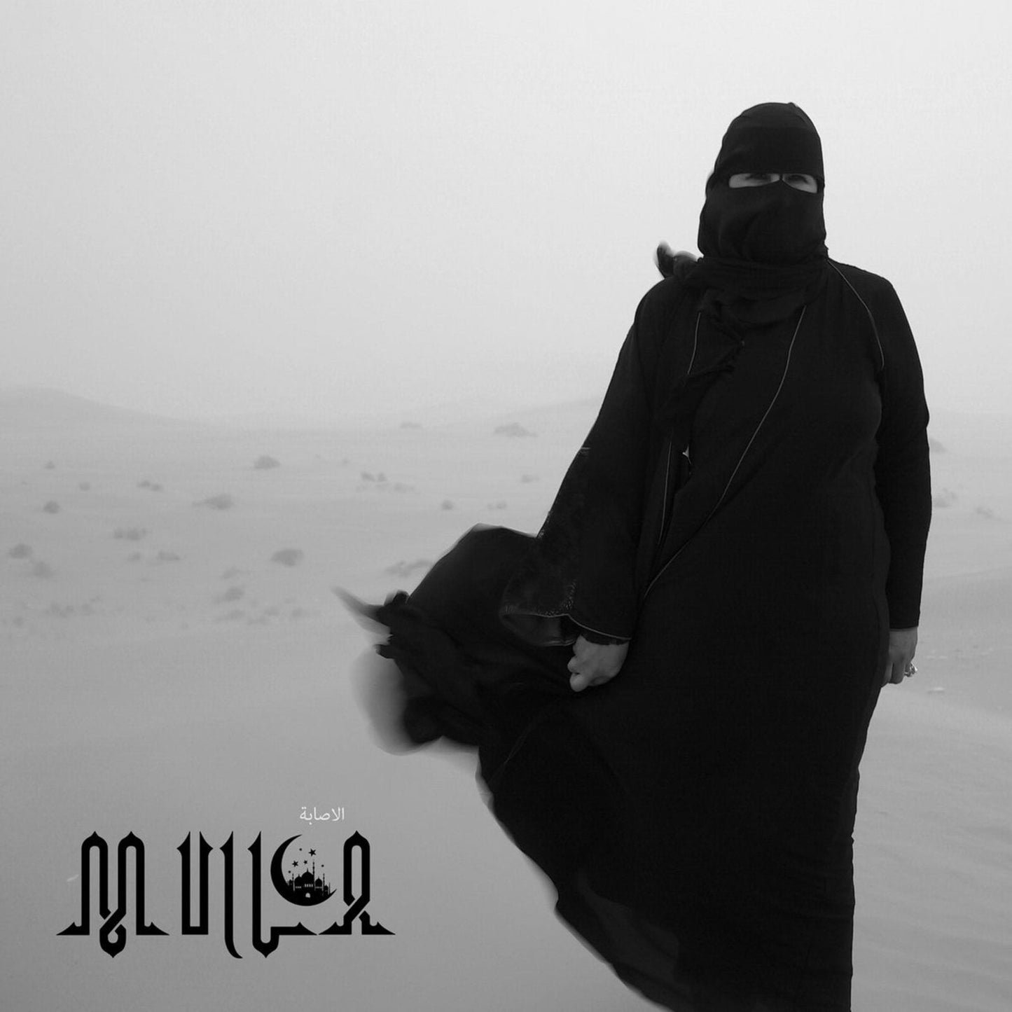 Figure in black veil stands in a foggy, desolate landscape.