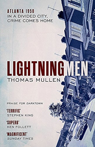 Book cover for "Lightning Men" with houses and text overlay.