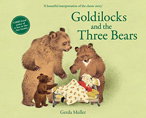 Book cover: Goldilocks and the Three Bears, with bears and a bed.
