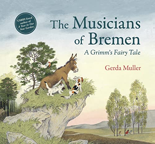 Book cover depicting a donkey, dog, cat, and rooster on a rocky hill.
