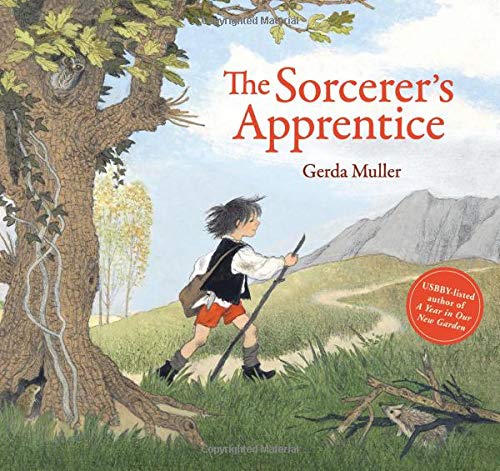 Book cover: boy with a stick walks toward mountains under a tree.