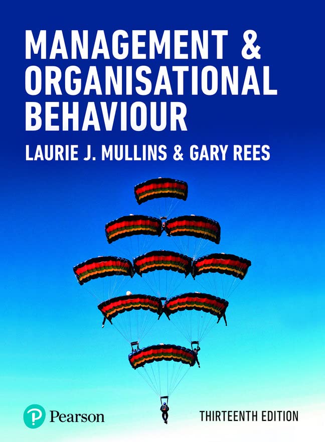 Textbook cover: "Management & Organisational Behaviour" with skydivers image.