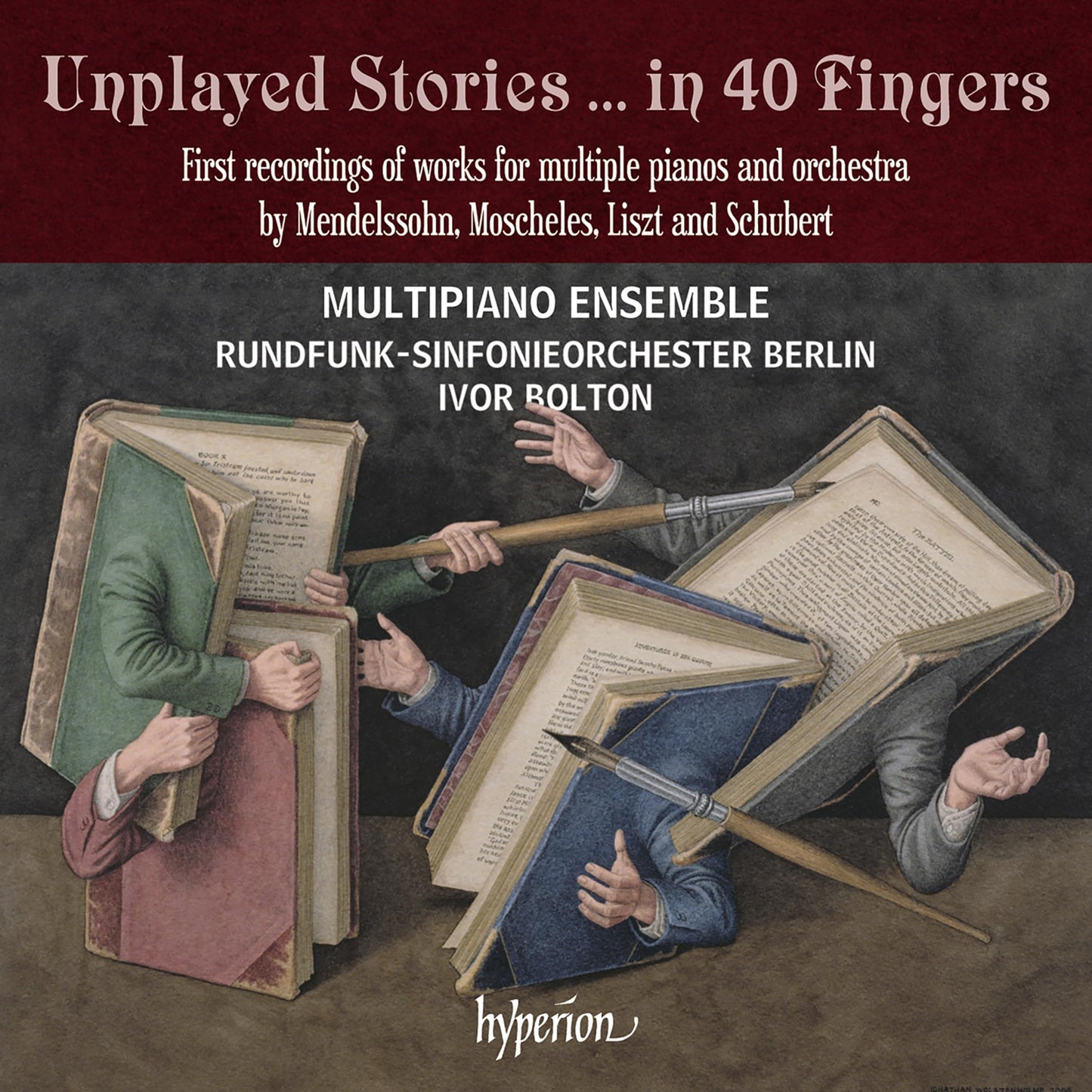CD cover: figures emerging from open books, playing piano keys.