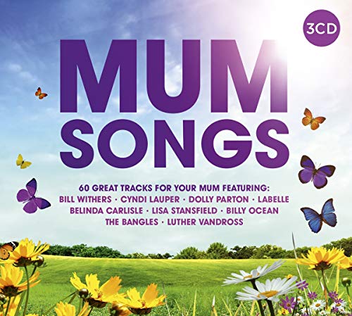 “Mum Songs” 3CD cover with purple text, butterflies, and a floral field.