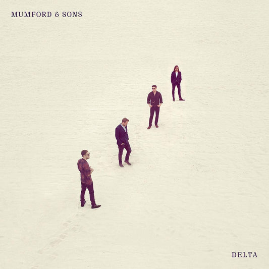 "CD cover with four men in suits standing on beige sand, 'Mumford & Sons Delta'."