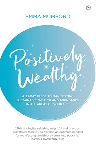 Book cover with blue gradient and white cursive title "Positively Wealthy.
