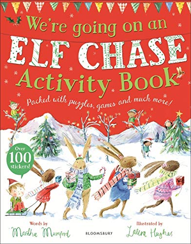 Children’s activity book cover with bunnies chasing elves in snow.