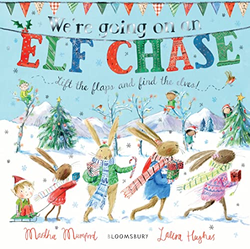 Bunnies chase hidden elves in a snowy winter landscape, lift-the-flap book.