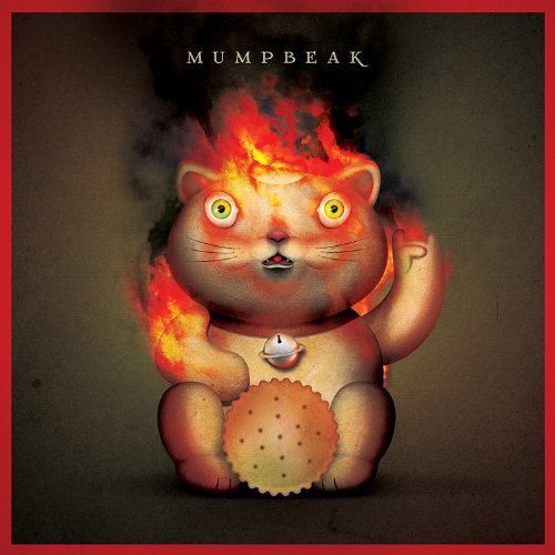 Burning cartoon cat figure with a waving paw and circular object.